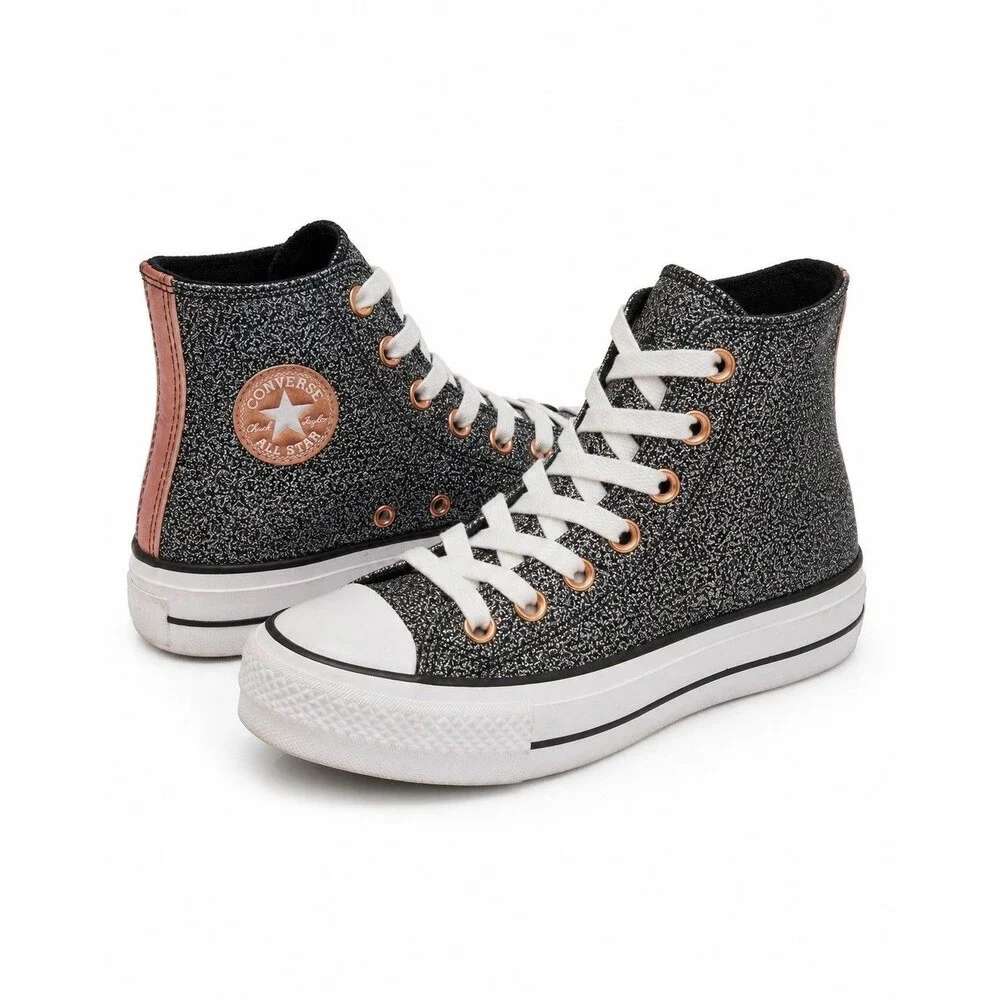 Converse Chuck Taylor All Star Lift Hi Glitter Black Rose Gold Girls Size 5